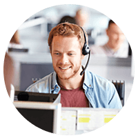 Smiling call center representative on headset improves customer experience